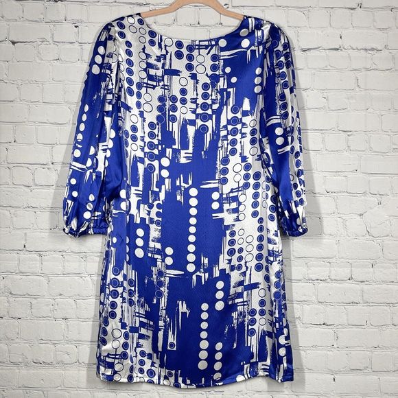 Dress Limited Collection 100% Silk Size 4 Mini Round Neck Geo Blue Flowy Soft - Picture 2 of 11